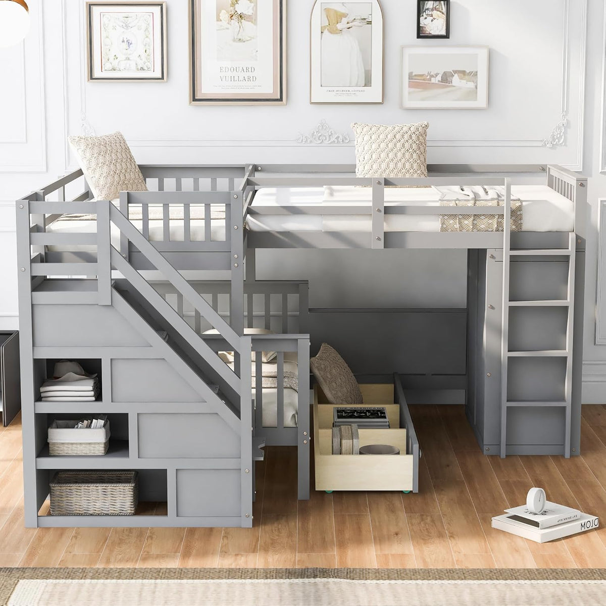 Gray Wooden Triple Bunk Bed with Desk, Storage Drawers, Stairs and Wardrobe N772