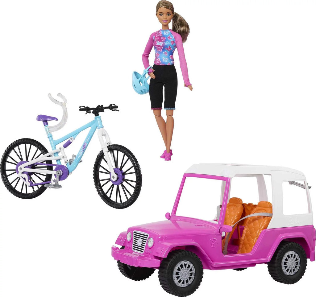 Doll, Mountain Bike, Car Bundle with Pink Jeep, Bike Rack and Helmet D26168