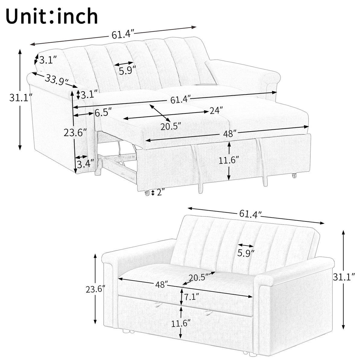 61.4" Pull Out Convertible Sleeper Sofa Bed Chenille X653189