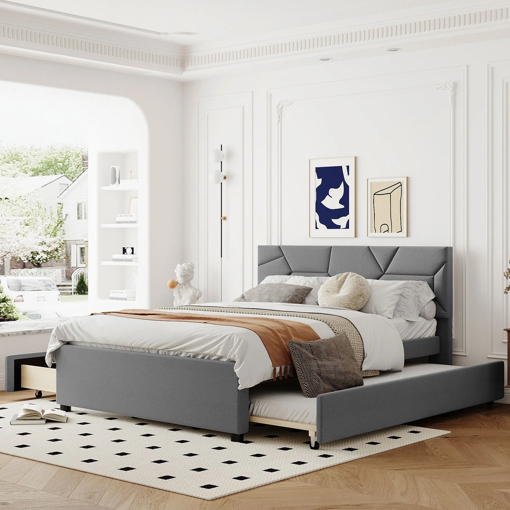 Queen Size Upholstered Platform Bed with Trundle and 2 Drawers M801664