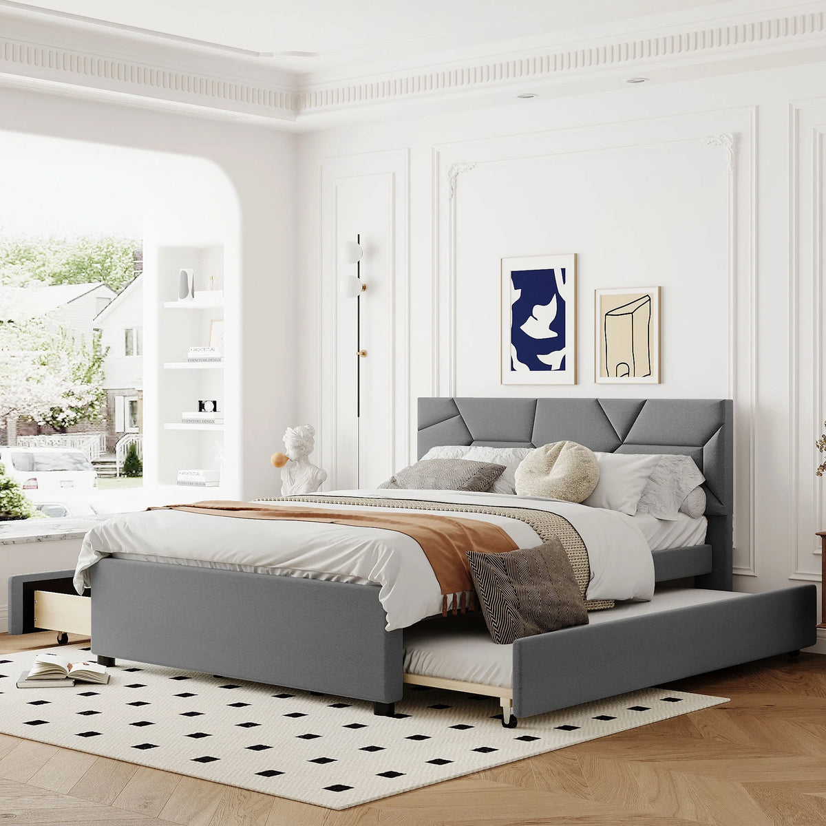 Queen Size Upholstered Platform Bed with Trundle and 2 Drawers M801664