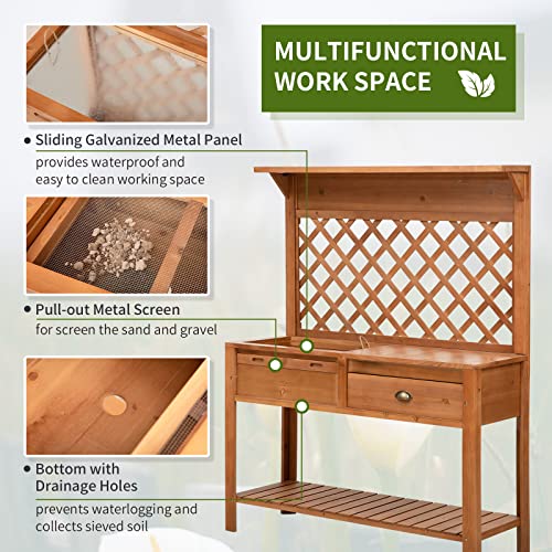 Outsunny Garden Potting Bench, Outdoor Wooden Workstation Table with Metal Screen, Drawer, Hooks, Storage Shelf, and Lattice Back U5490