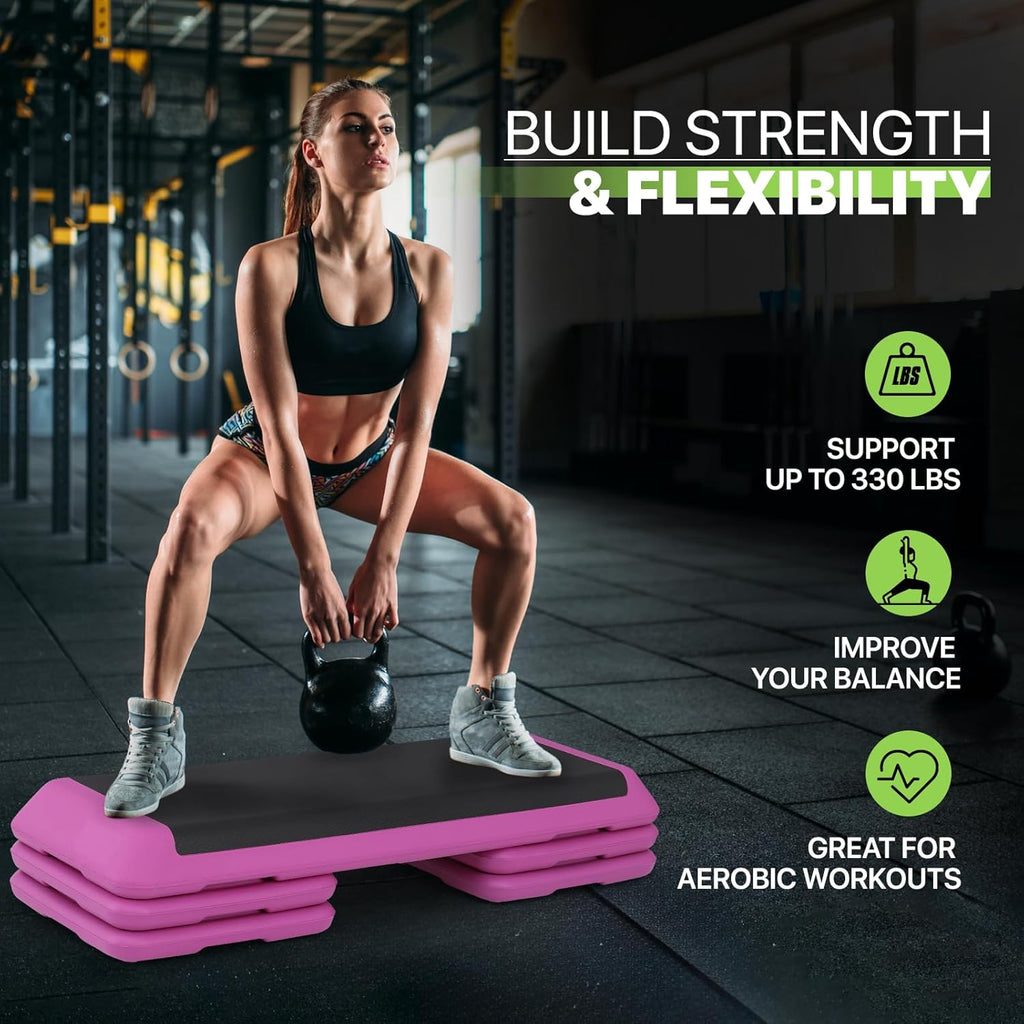 43-Inch Exercise Stepper Platform with Risers, Adjust Height 4 inch - 6 inch - 8 inch, Pink R731900