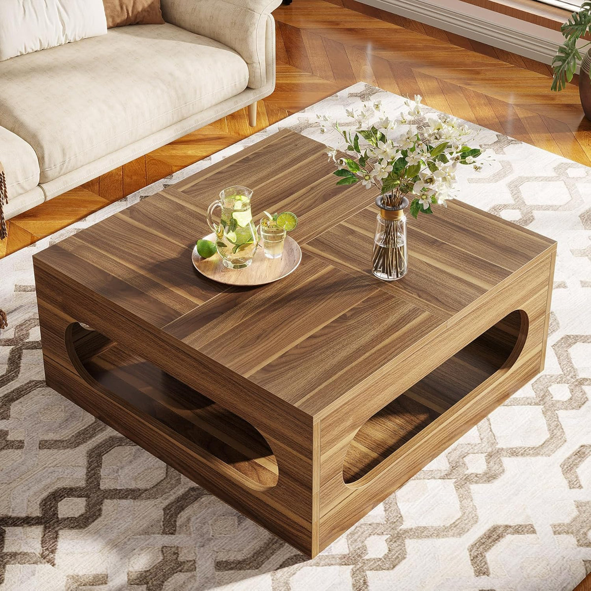 Brown Wood Coffee Table with Storage and LED Light Z991