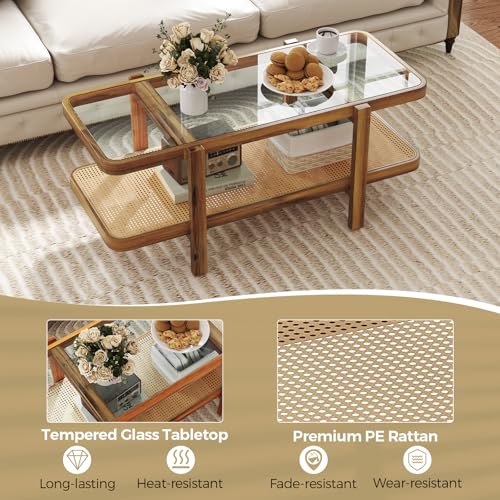 47.5" Rectangle Solid Wood Coffee Table with Tempered Glass Tabletop V9915