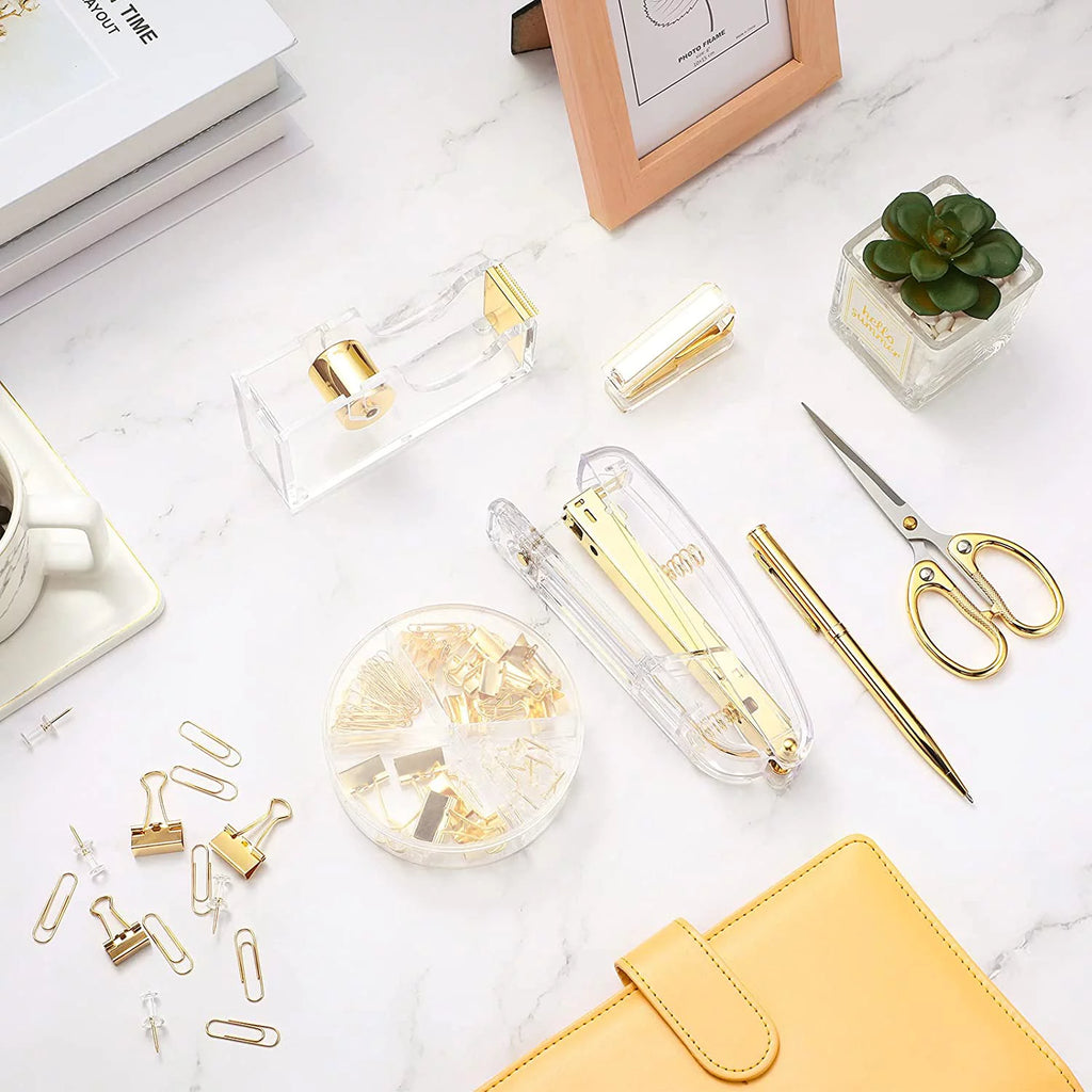 Acrylic Office Supplies Set with Stapler Tape Dispenser Binder Clips Paper Clips Pen Scissors and 1000 Staples H968811