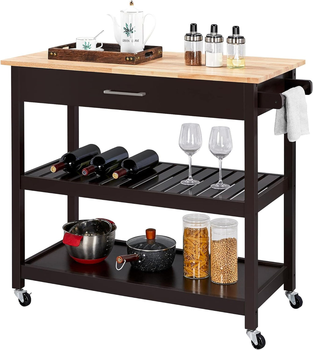Espresso 3 Tier Rolling Kitchen Cart with Storage Drawer and Shelves P729523