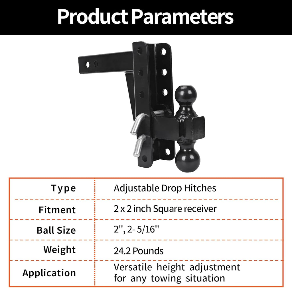 Adjustable Trailer Hitch Ball Mount, 2’’ Receiver, 8’’ Drop/Rise, Dual Balls, 10,000 lbs Capacity, Black Powder Coated Steel V1996