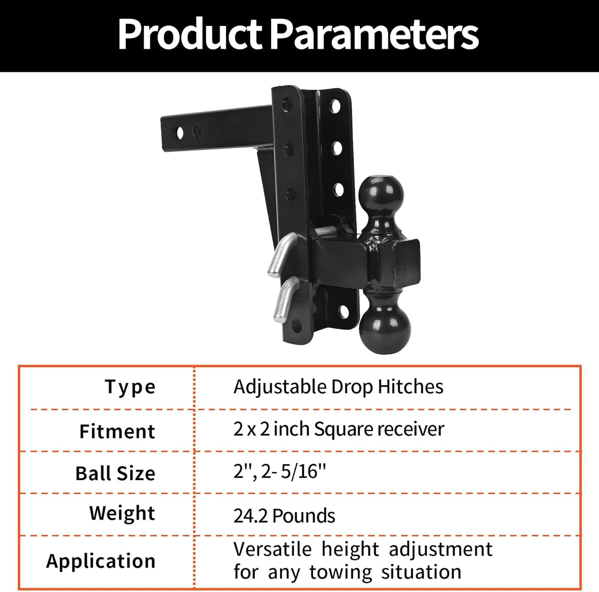 Adjustable Trailer Hitch Ball Mount, 2’’ Receiver, 8’’ Drop/Rise, Dual Balls, 10,000 lbs Capacity, Black Powder Coated Steel V1996