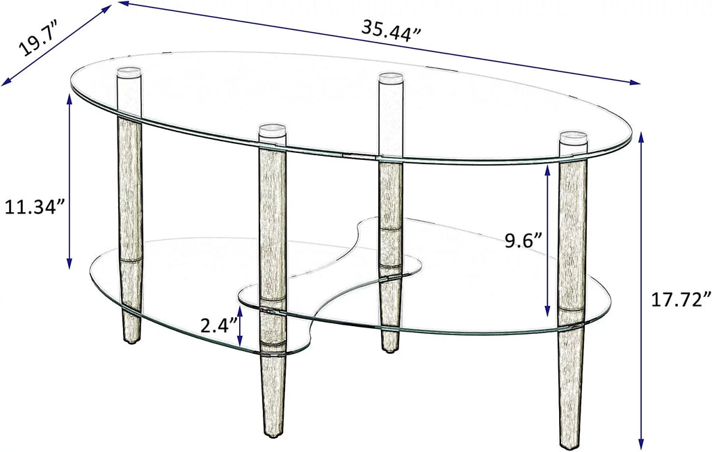 Modern Clear Oval Glass Coffee Table with Two Open Storage Shelves and Oak Legs S131