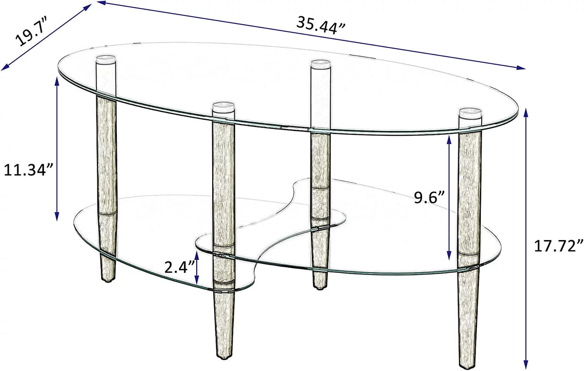 Modern Clear Oval Glass Coffee Table with Two Open Storage Shelves and Oak Legs S131