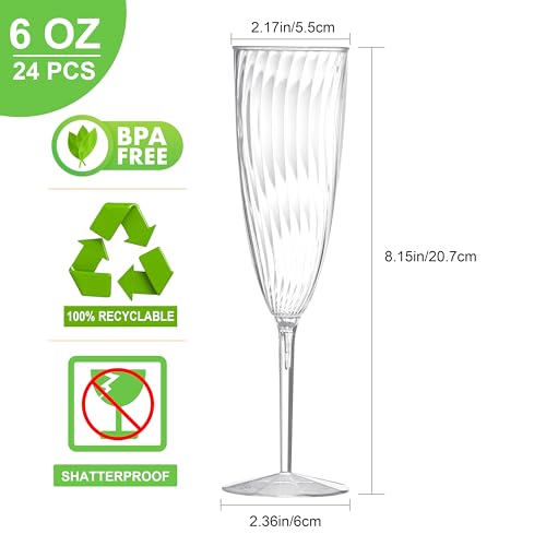 24Pcs 6 Oz Clear Plastic Champagne Flutes A3935