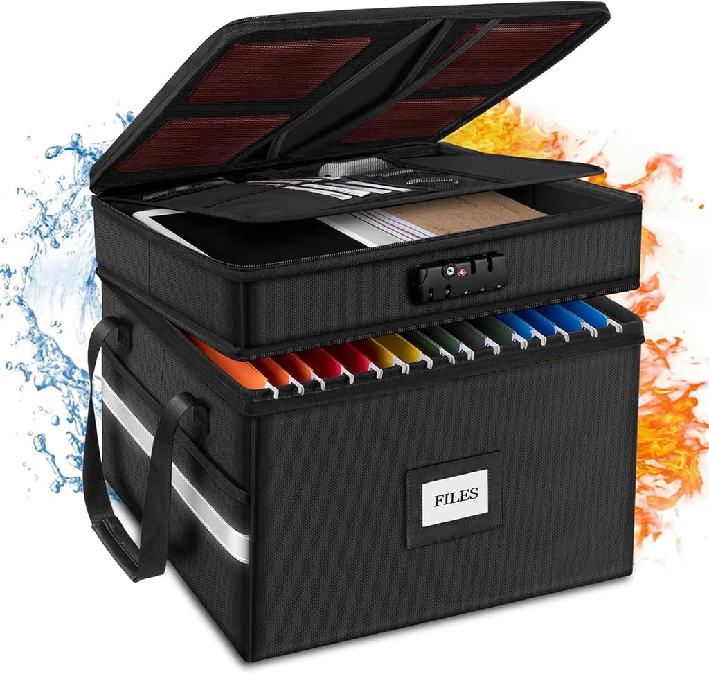 2 Layer Fireproof Document Box with Lock, Black V76968
