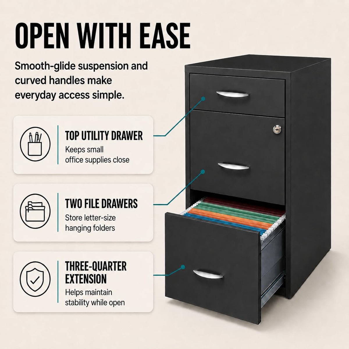 Charcoal Metal 3 Drawer Vertical Filing Cabinet M1079