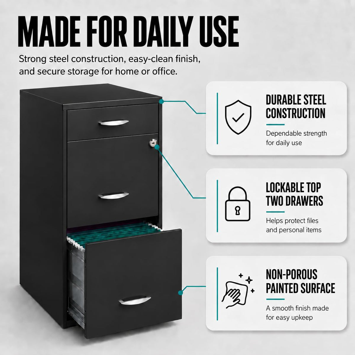 Charcoal Metal 3 Drawer Vertical Filing Cabinet M1079