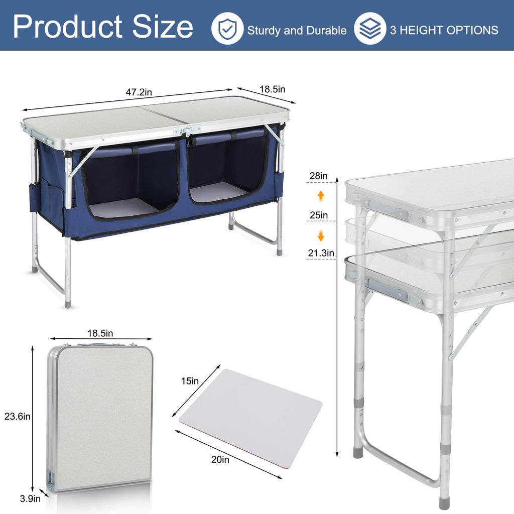 Folding Camping Table with Storage, 3 Height Adjustable, Lightweight, 4 Ft Aluminum A228684