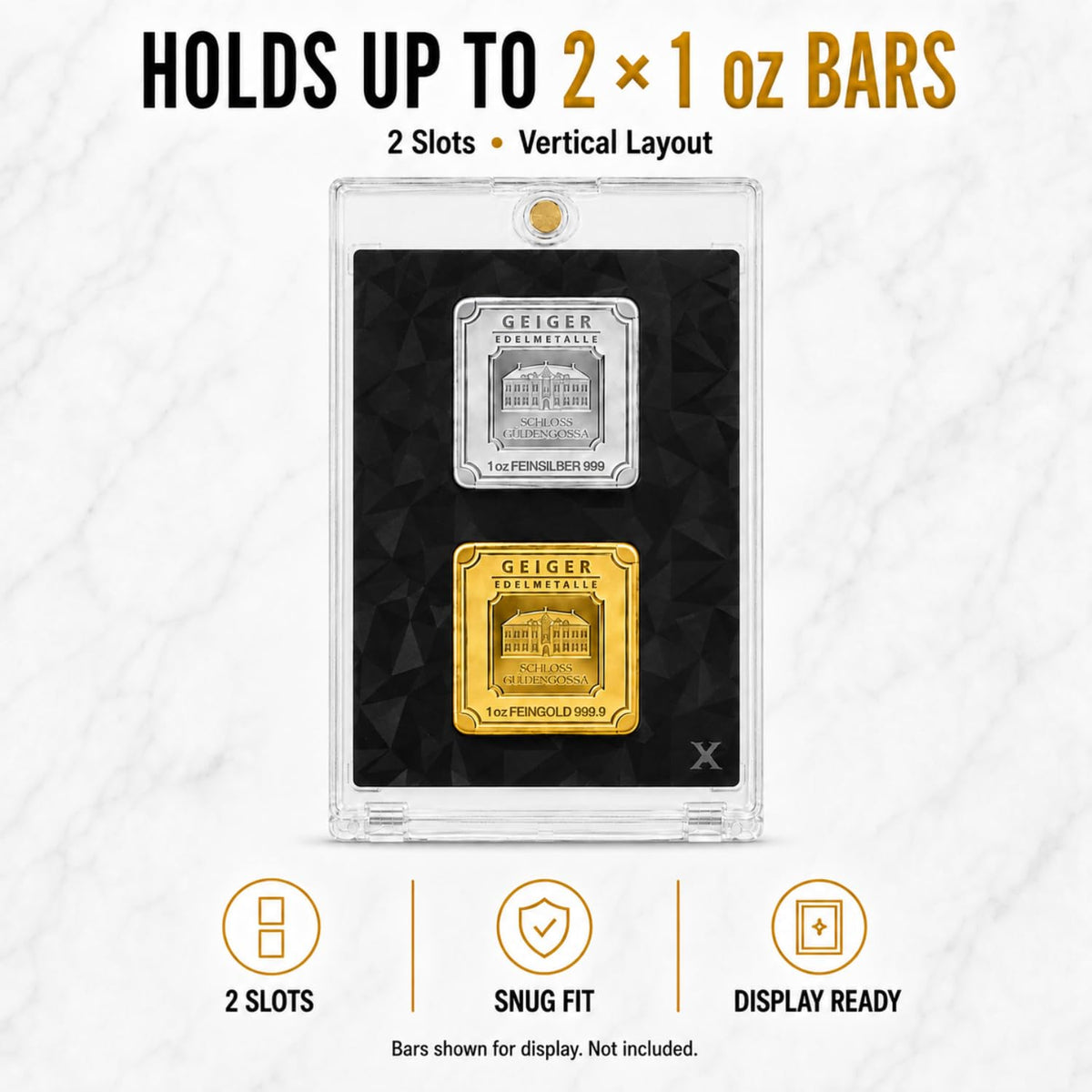 Square Bar Display Case, Magnetic One Touch Bullion Holder, 1 oz (2 Slots) H75482