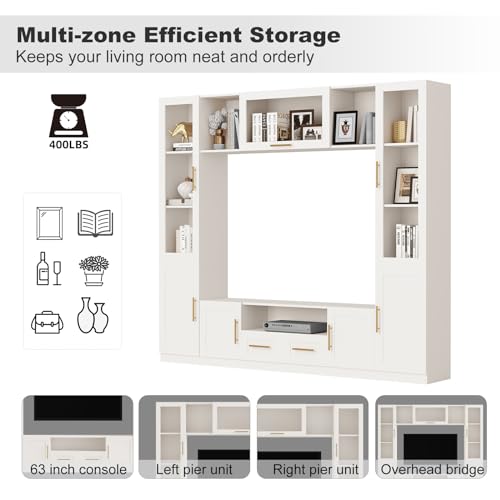 White 4-Piece Large TV Stand Wall Unit with Bookshelves O272