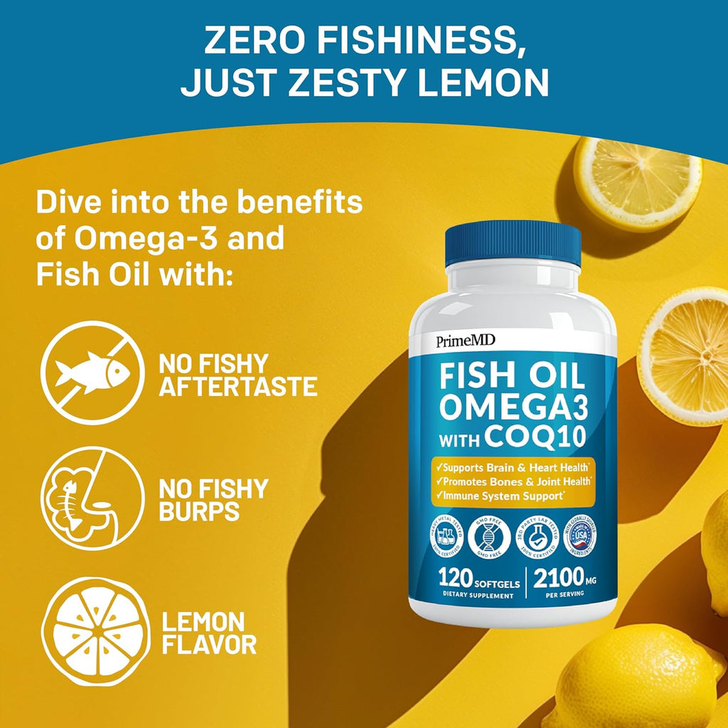 2100mg Omega 3 Fish Oil Supplements with Vitamins D3 & K2 and CoQ10 (120ct) M8836