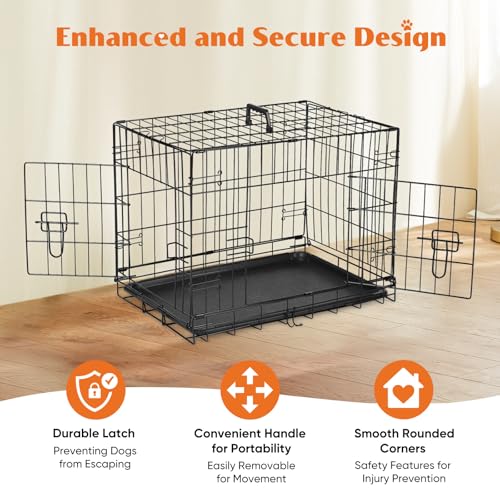 Large 36 Inch Double Door Folding Metal Wire Dog Crate with Divider Panel and Plastic Leak-Proof Pan Tray T8697