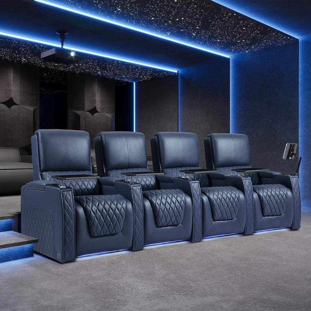 Navy Blue Top Grain Leather Power Recliner Sofa M18386