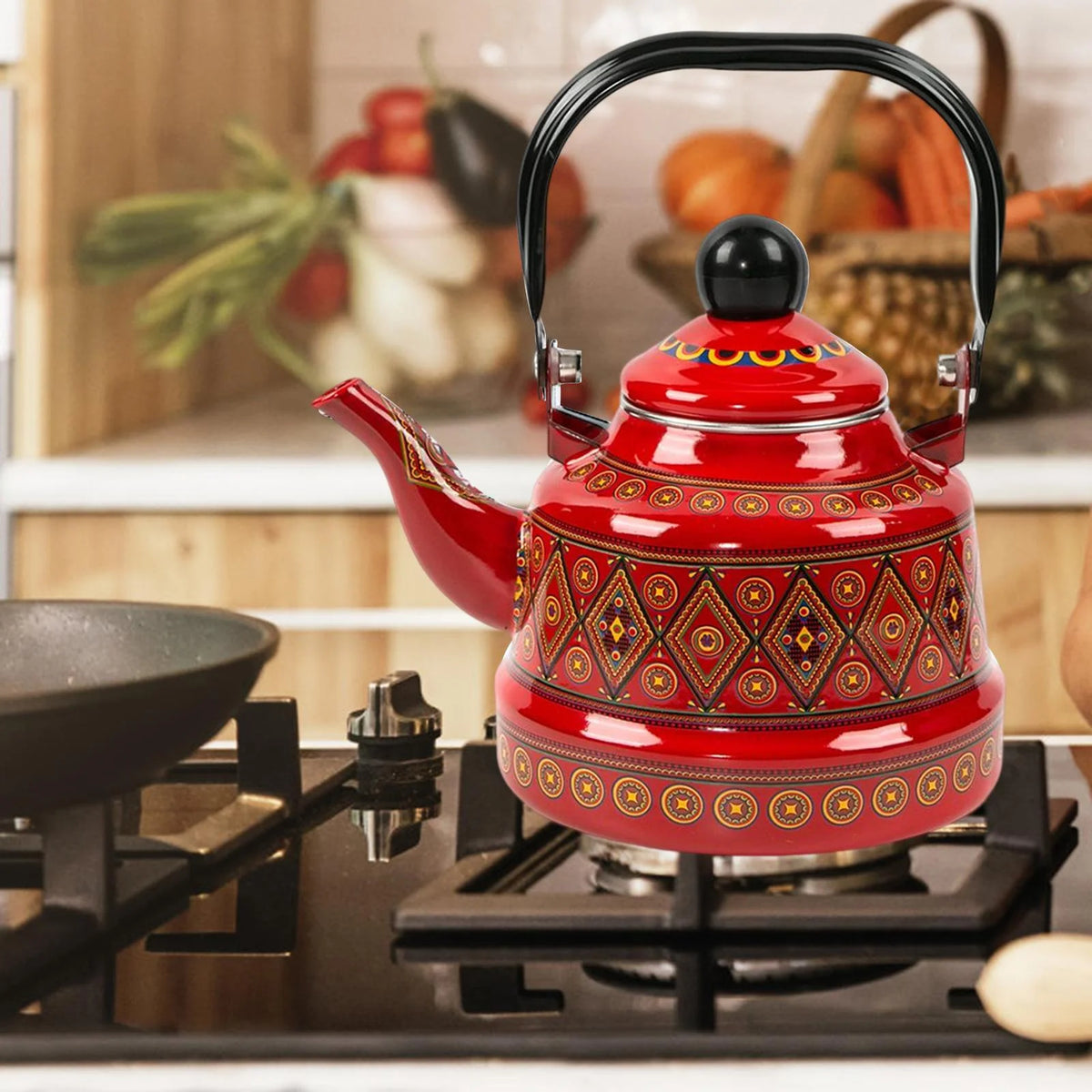 Red Enameled Tea Kettle J6084