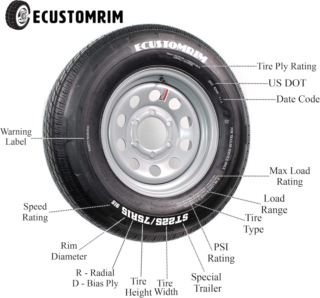 Radial Trailer Tire On Rim ST205/75R15 15 5 Lug Wheel White Modular V523947