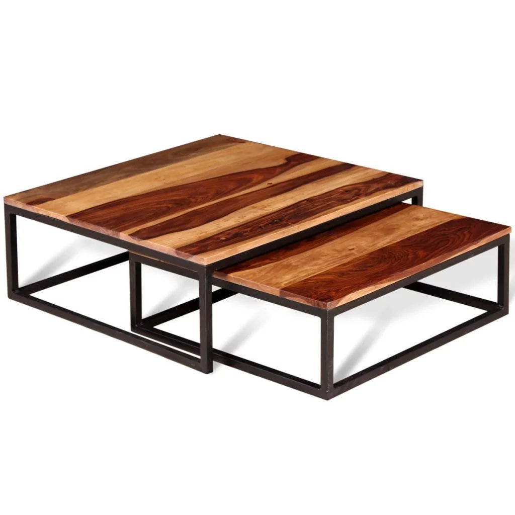 2 Piece Stackable Sheesham Wood Iron Frame Nesting Table Set B556540