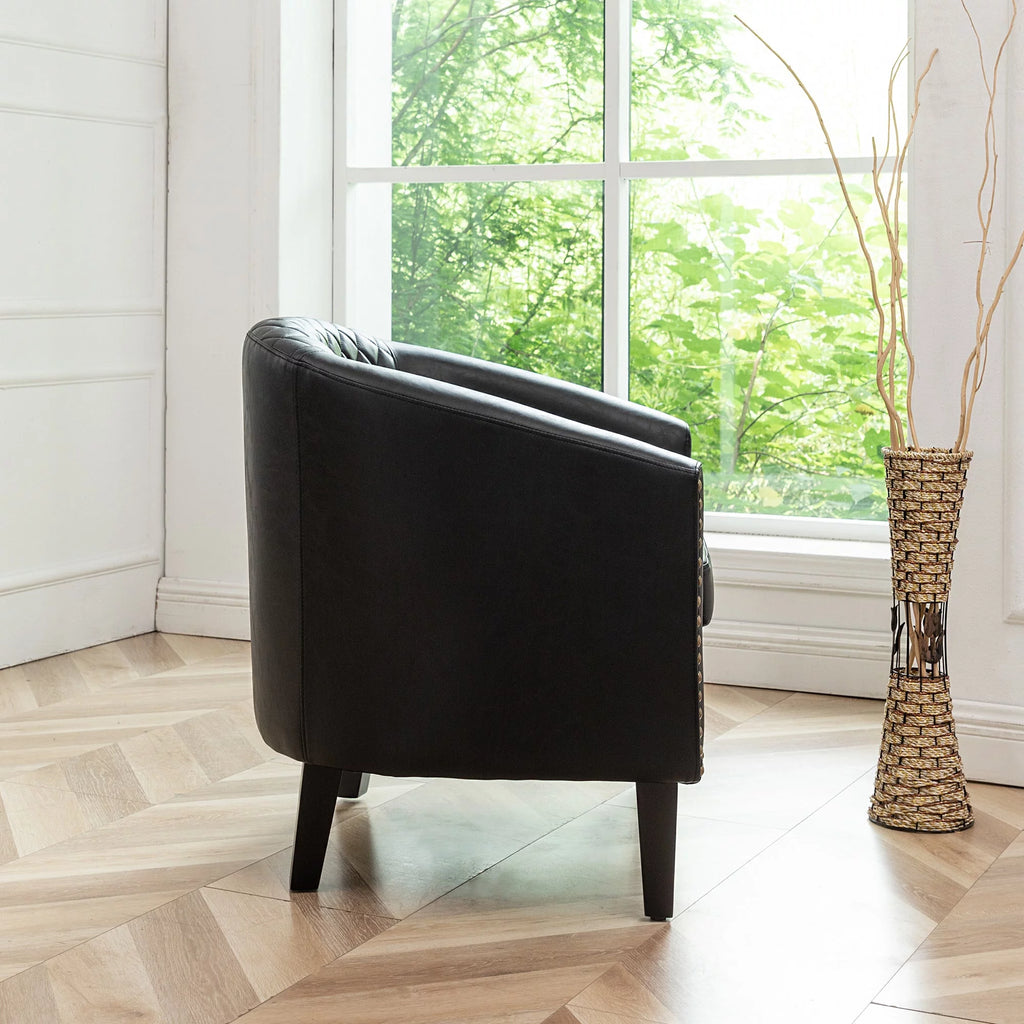 Mid Century Modern Tufted Faux Leather Barrel Armchair D335