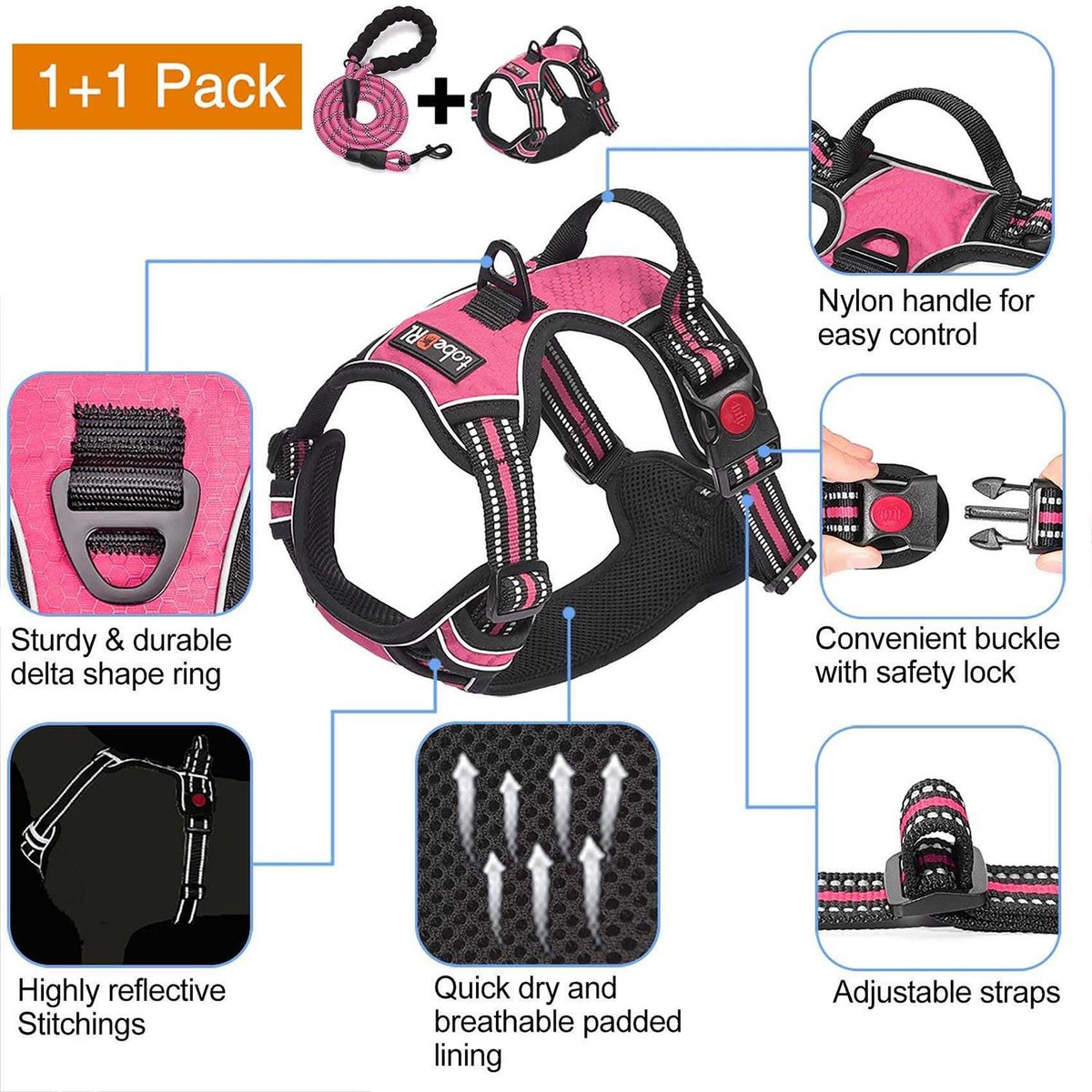 Adjustable Reflective Oxford Dog Harness with 5ft Dog Leash V919