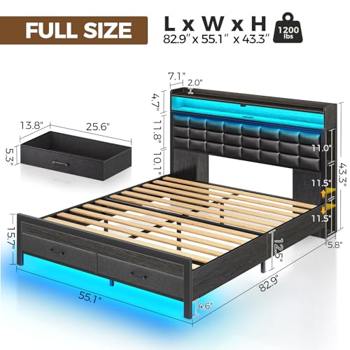 Black Full Size Upholstered Platform Bed Frame with Storage Headboard and 2 Drawers F5279