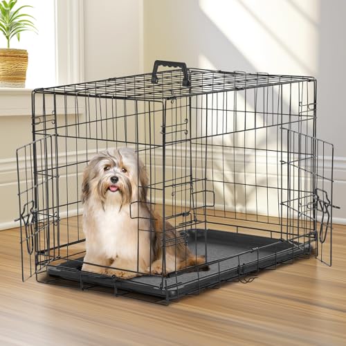 Large 36 Inch Double Door Folding Metal Wire Dog Crate with Divider Panel and Plastic Leak-Proof Pan Tray T8697
