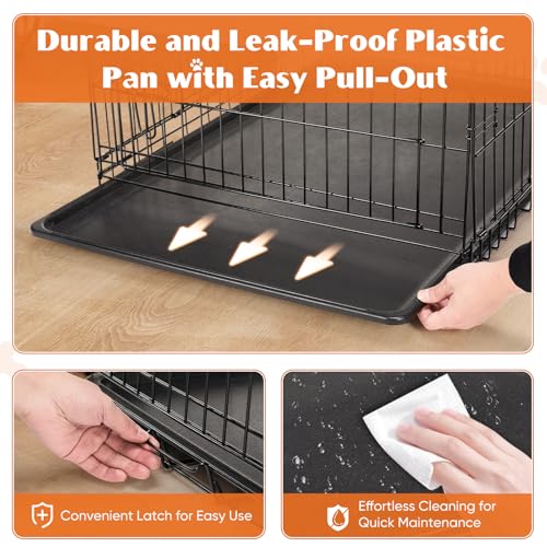 Large 36 Inch Double Door Folding Metal Wire Dog Crate with Divider Panel and Plastic Leak-Proof Pan Tray T8697