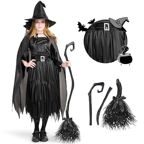 Classic Kids Witch Costume Black Witch Dress with Broom and Hat XL U8121