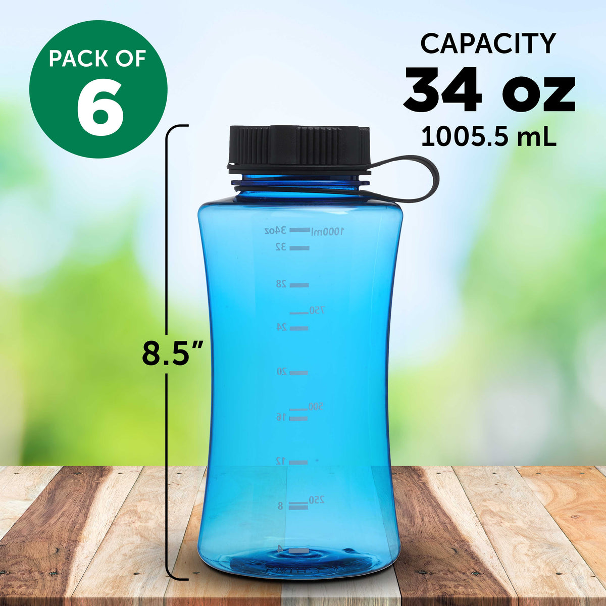 Blue 34 oz Plastic Sports Bottles Set of 6 N717