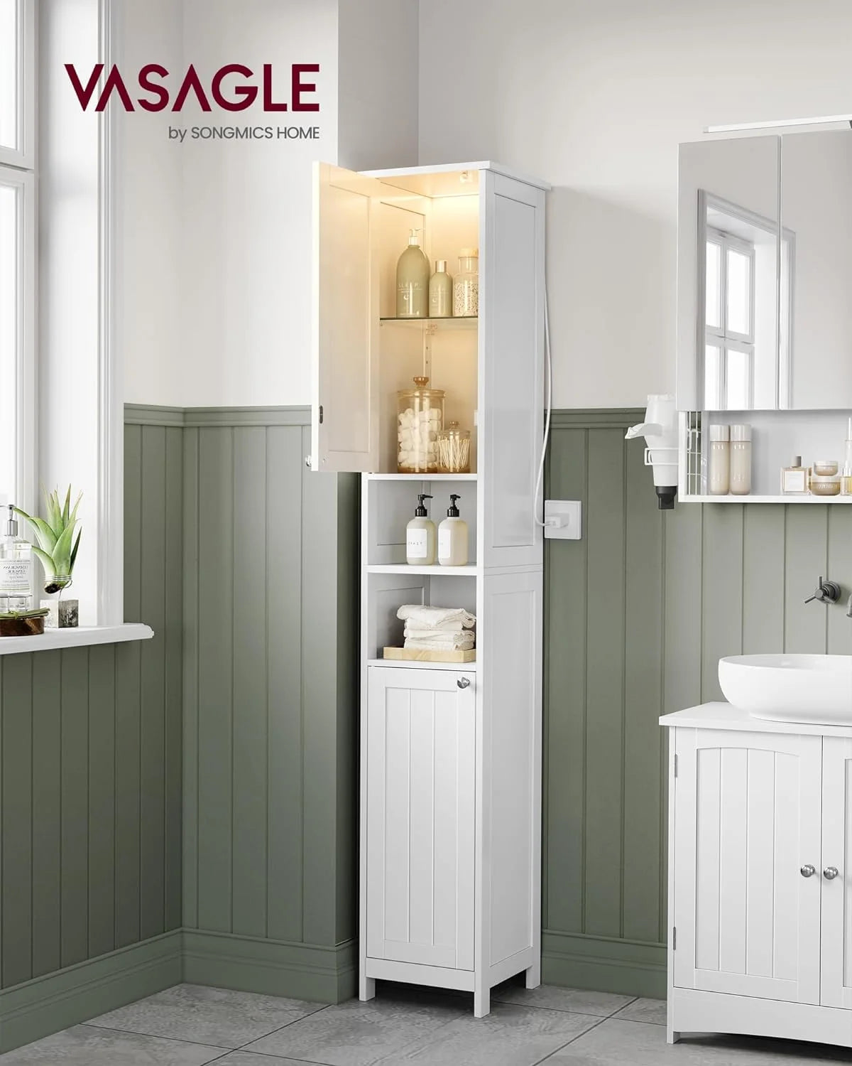 Cloud White Tall Bathroom Storage Cabinet with Adjustable Shelves V6599