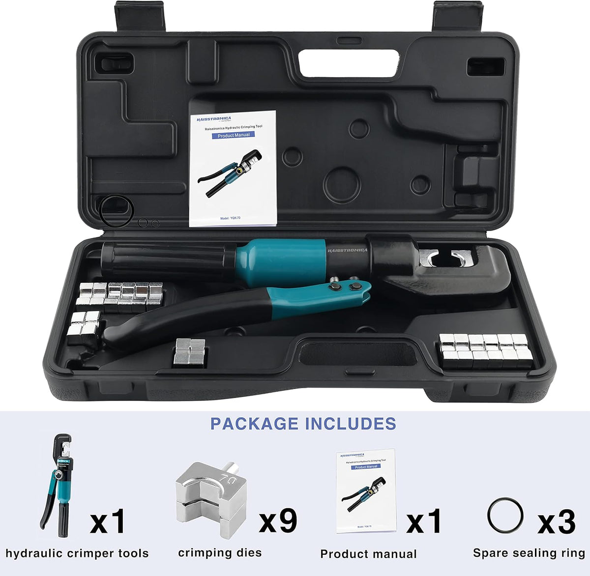 Hydraulic Battery Cable Lug Crimping Tool, AWG 12-2/0, 9 Pairs of Dies Y21054