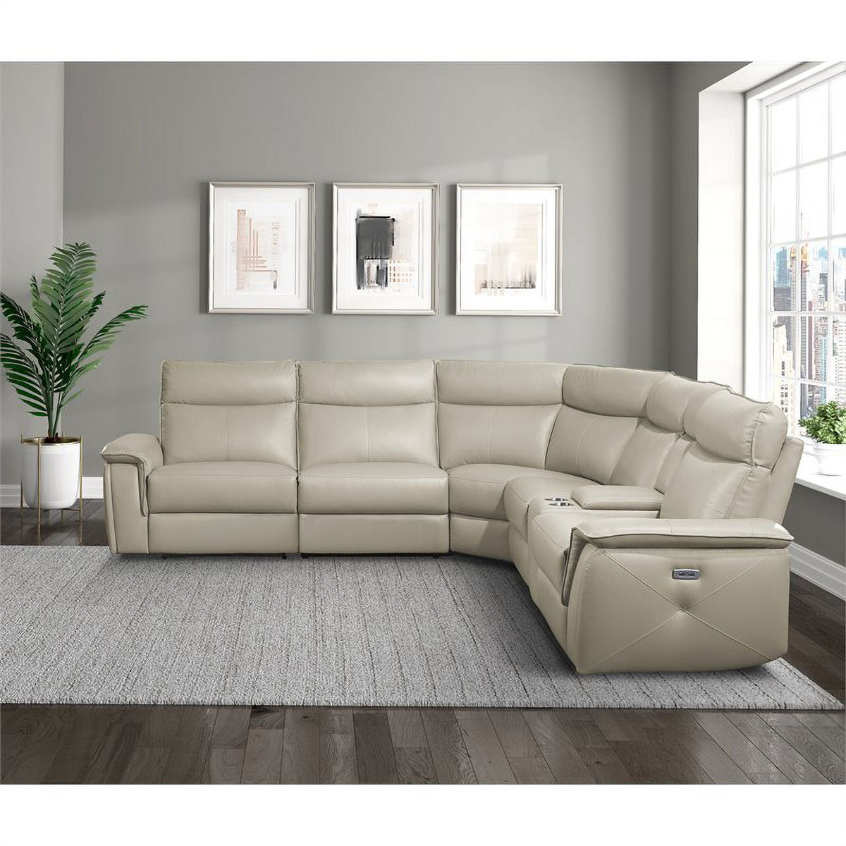 Beige Leather Modular Reclining Sectional A216