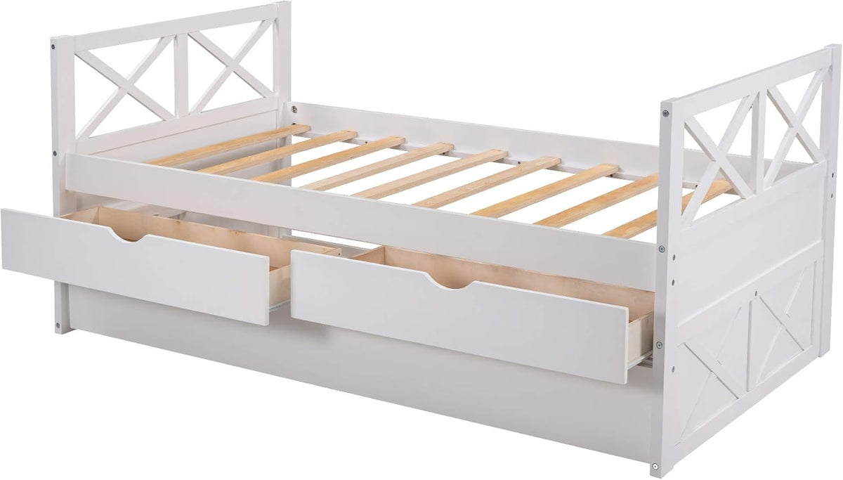 White Wood Twin Captain's Daybed with Trundle and 2 Storage Drawers Q665582