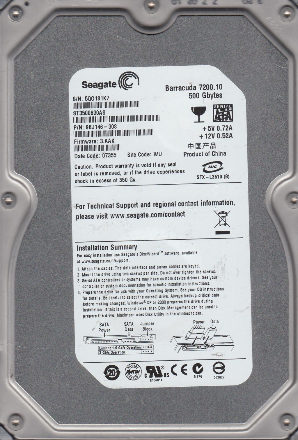 500GB SATA 3.5 Hard Drive V52880