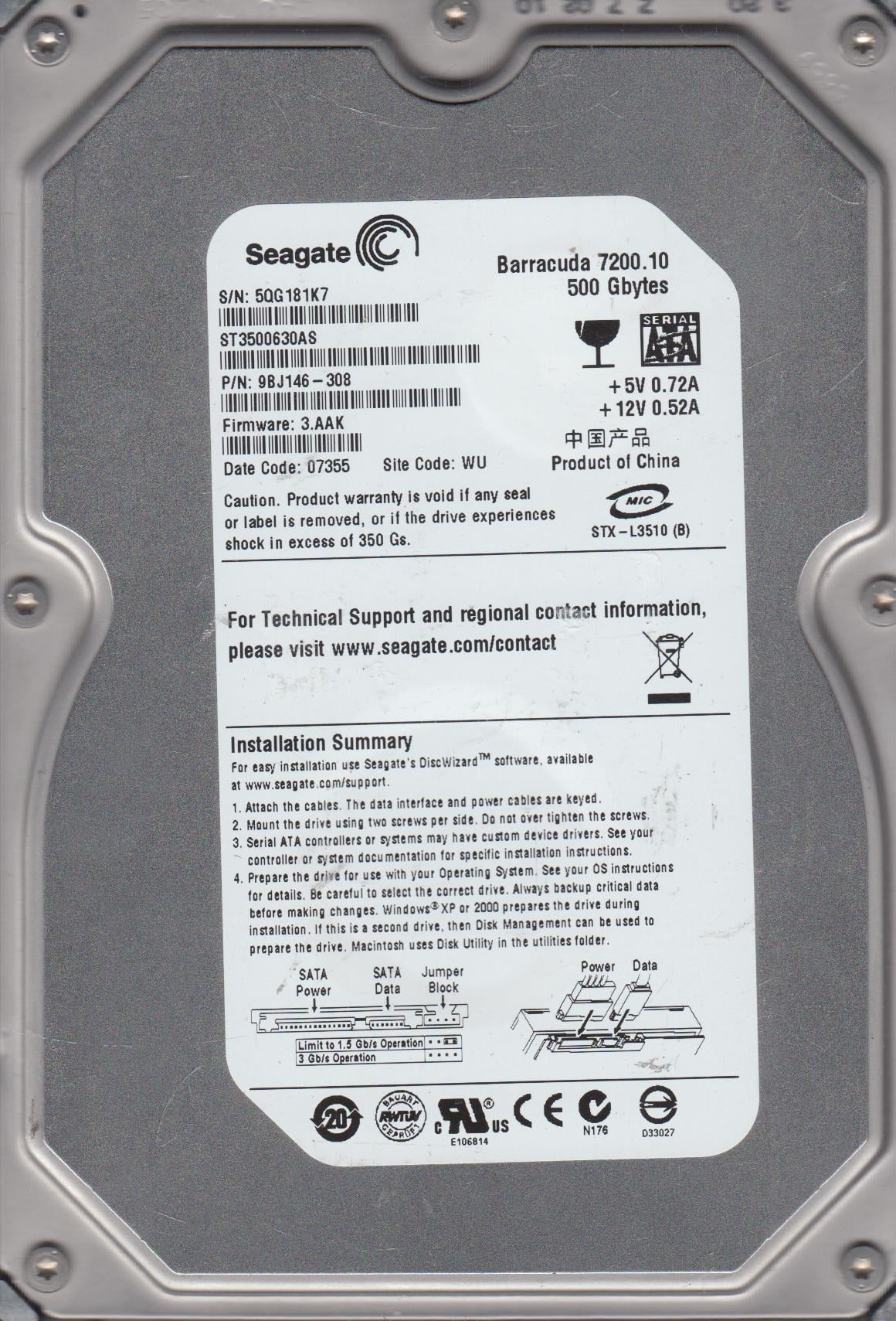 500GB SATA 3.5 Hard Drive V52880