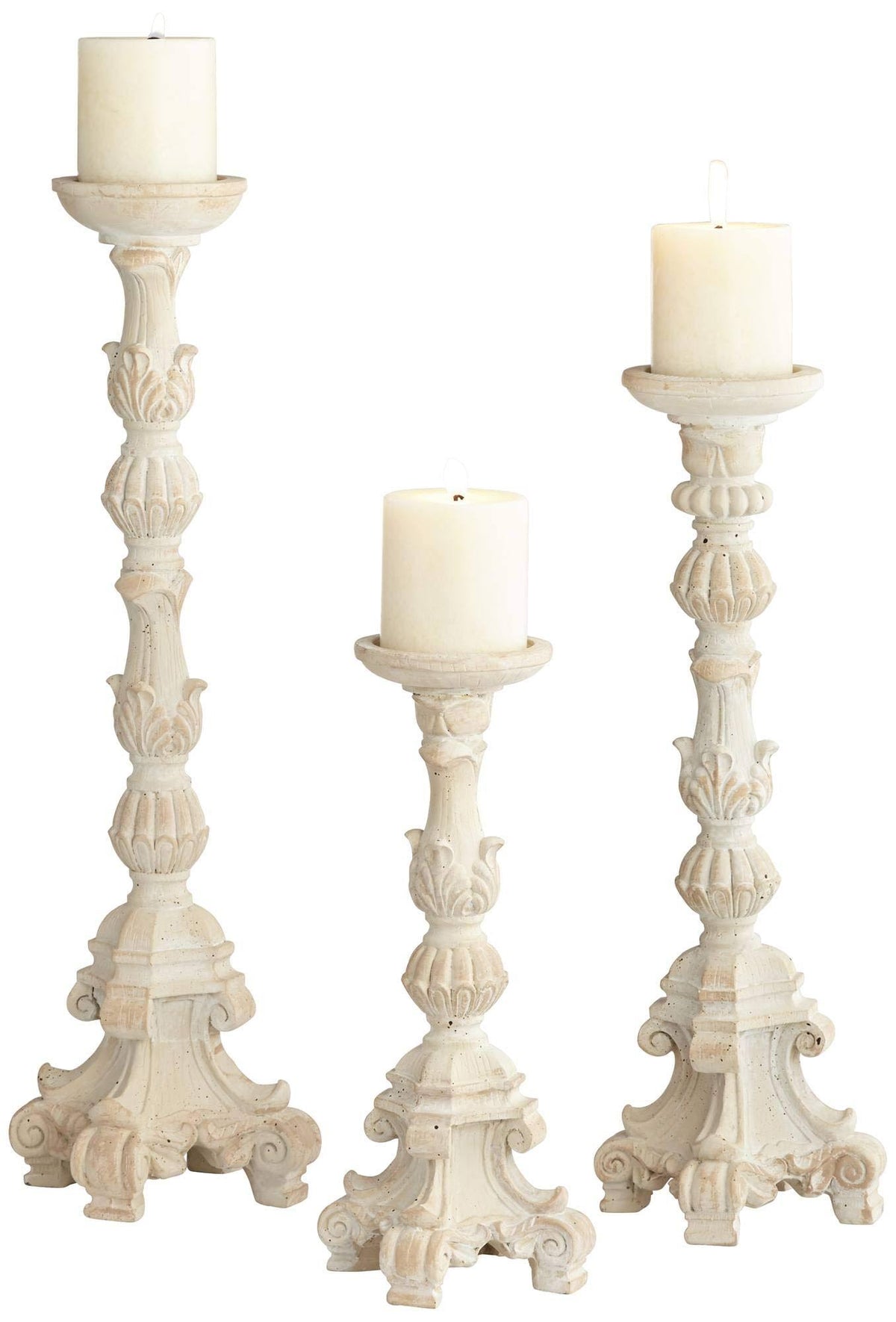 Whitewashed Carved Pillar Candle Holders Set of 3 H778