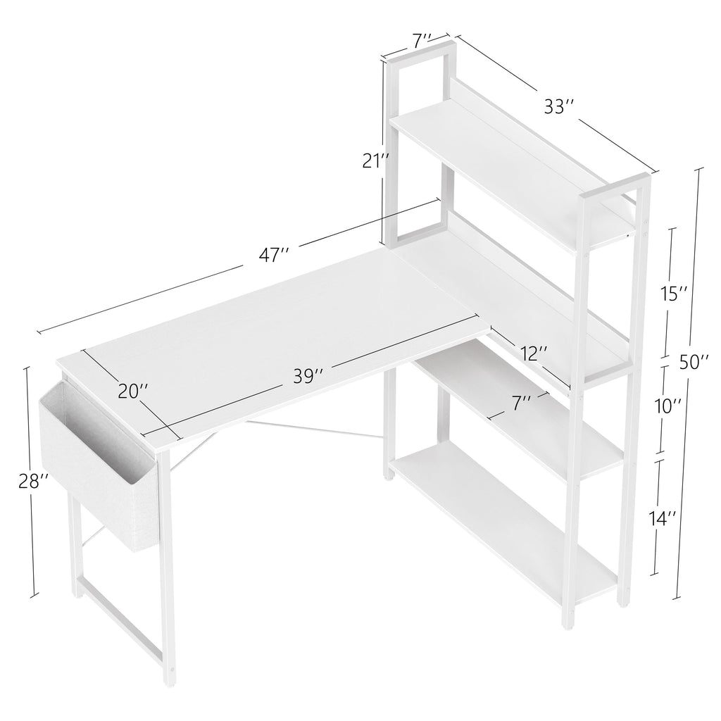 47 Inch White Computer Desk with Bookshelf T997818