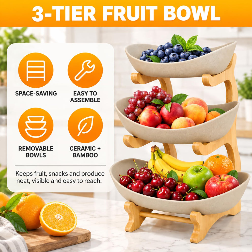 3 Tier Ceramic Fruit Basket with Bamboo Stand W47230