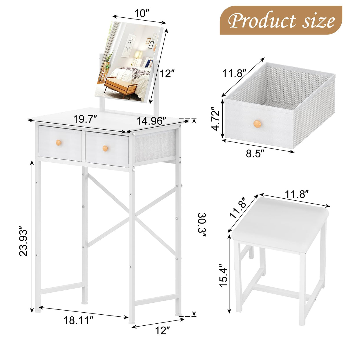 White Compact Vanity Desk with Mirror and Chair L31614