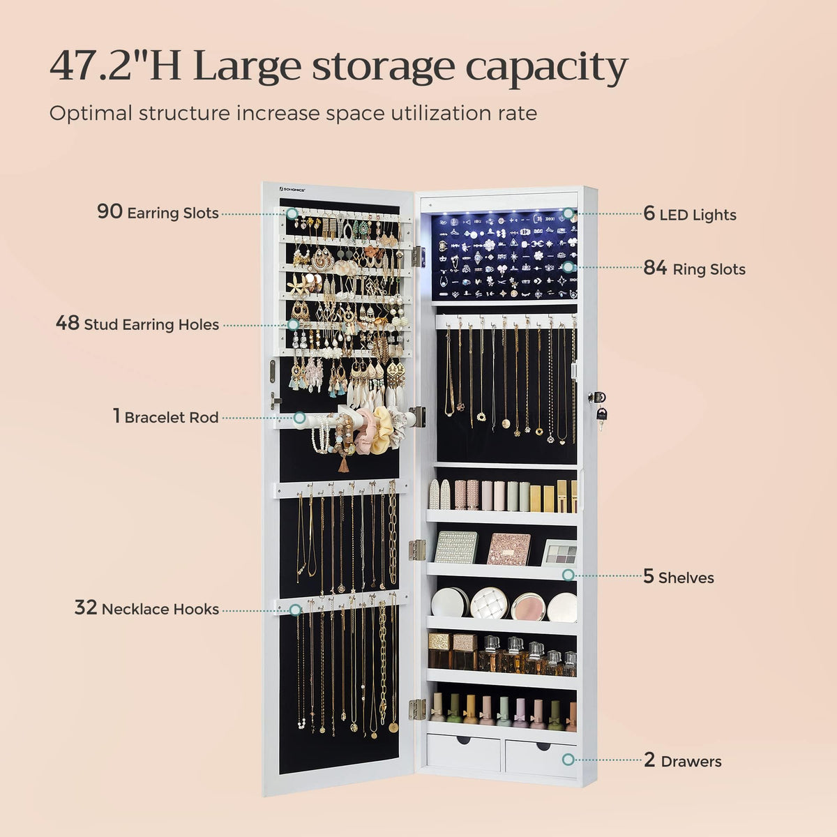 White Mirror Jewelry Cabinet with 2 Drawers Q545