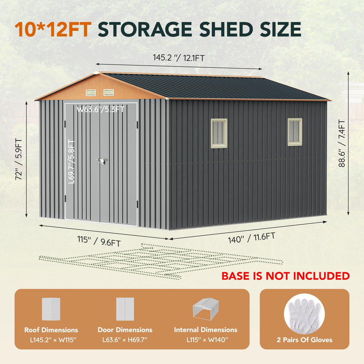 10x12x7.4FT Outdoor Storage Shed with Lockable Doors M3074