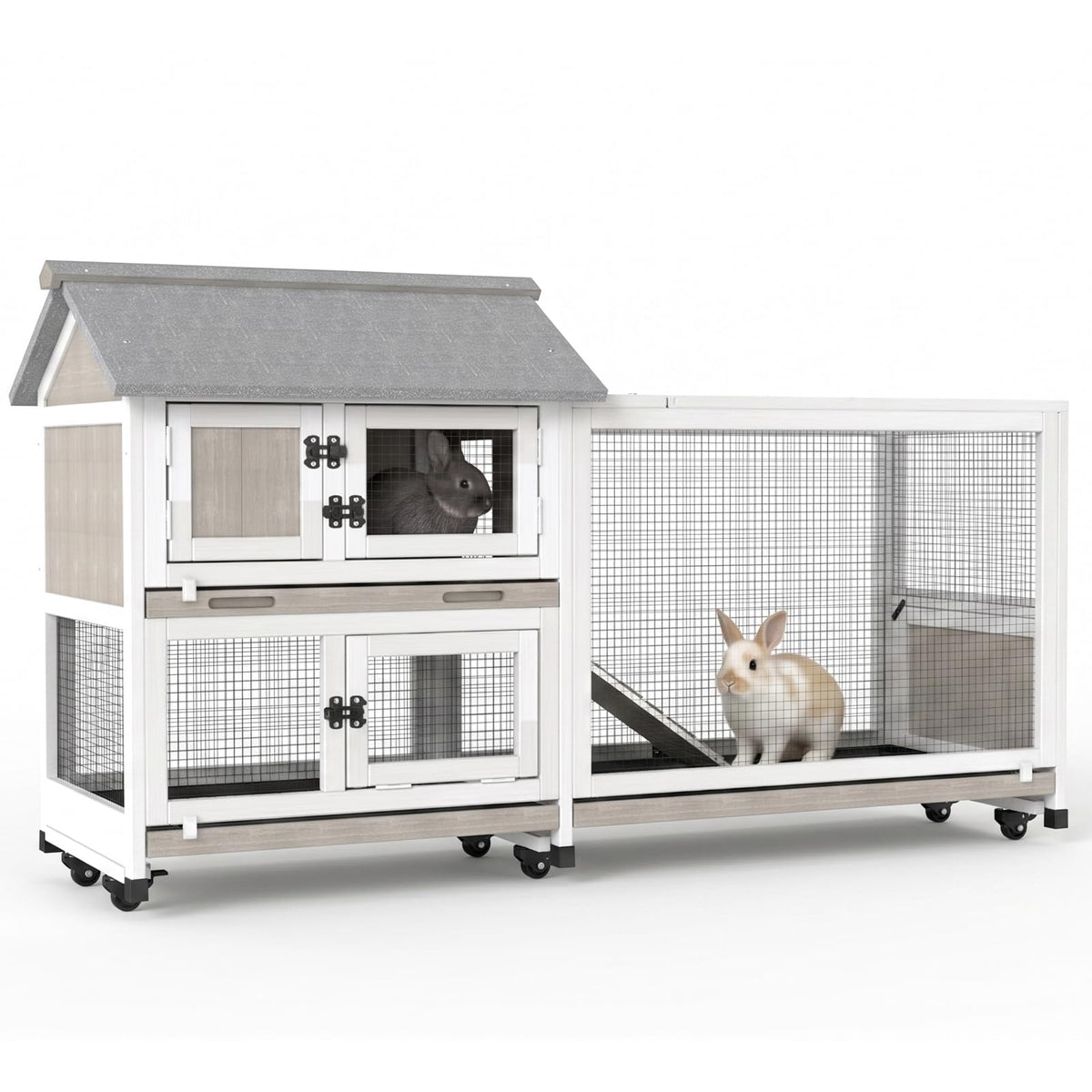 2-Story Wooden Rabbit Hutch with 3 Removable Trays E594
