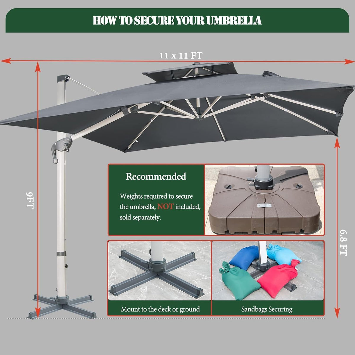 10x10 FT Grey Cantilever Patio Umbrella L728