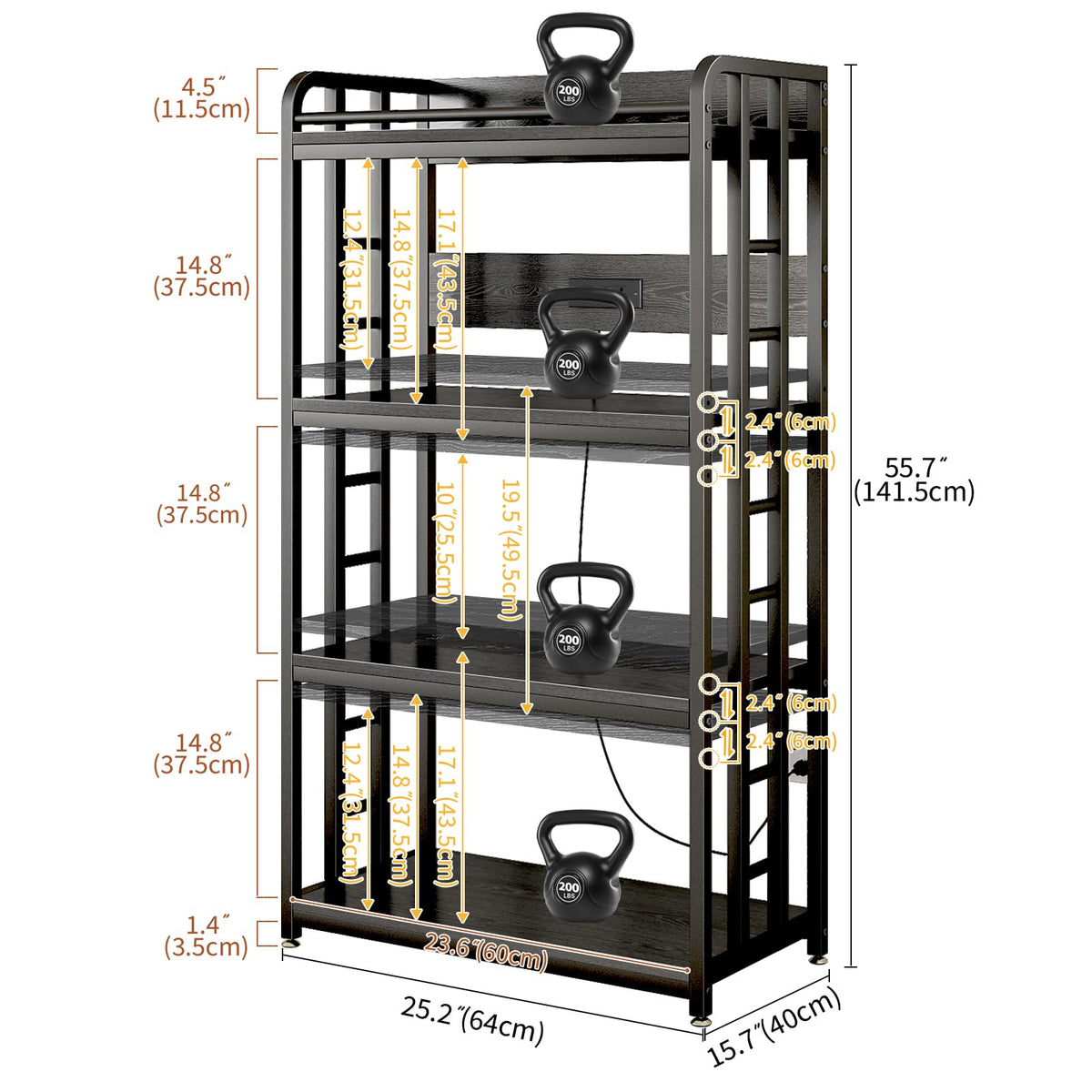 Black 4-Tier Kitchen Bakers Rack with Power Outlet and Lockable Wheels B409466